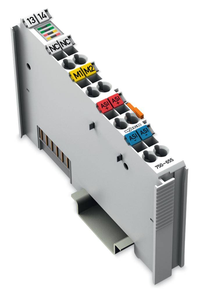 'WAGO 750-655 Modul' mit farbcodierten Anschlüssen und Beschriftungen auf der Vorderseite. Technische Hardwarekomponente.