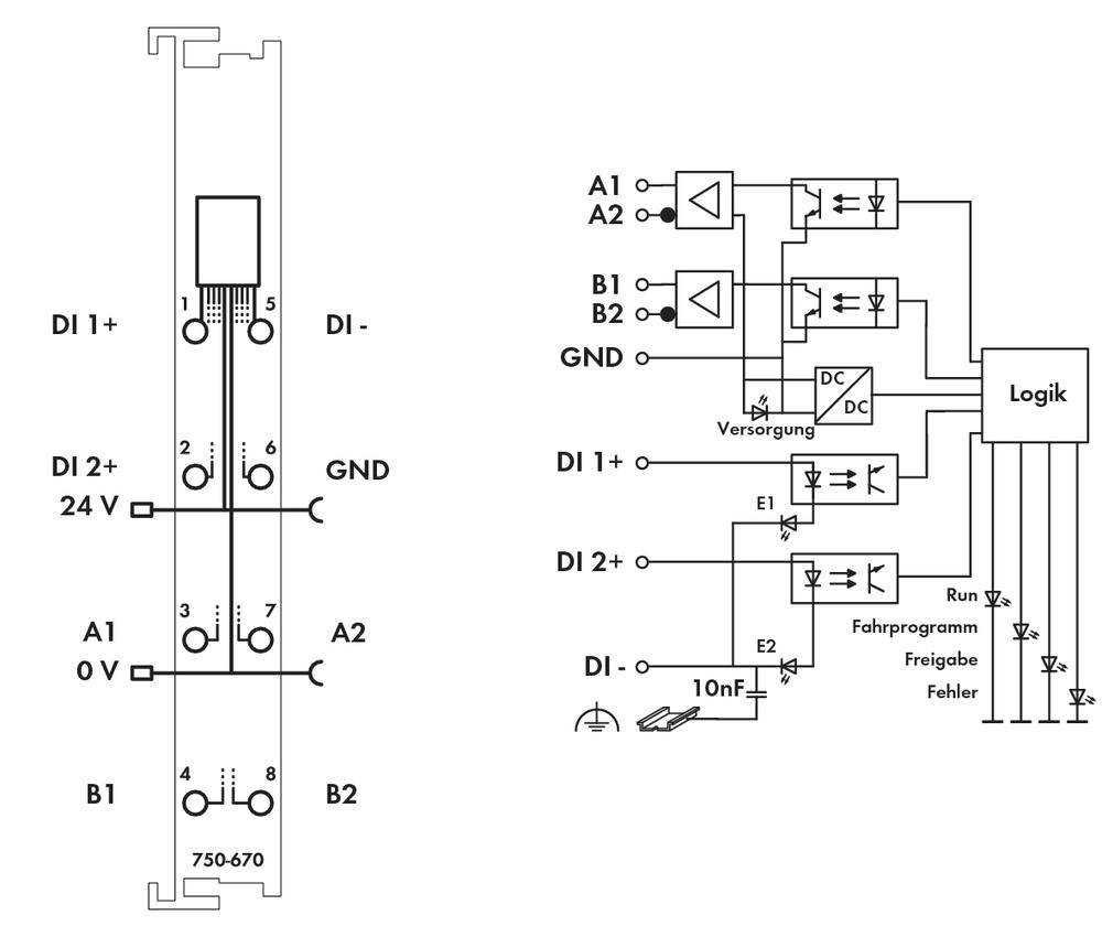 Blockschaltbild eines digitalen Schaltelements: Links I/O-Pins, rechts Schaltlogik mit LEDs und Kondensator zur Statusanzeige.