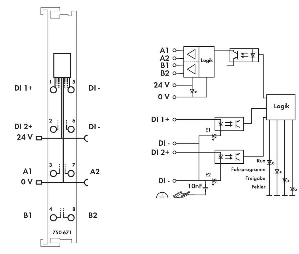 Elektrischer Schaltplan einer Logiksteuerung; zeigt Verbindung zwischen Logik, Dioden, Relais, und Spannungseingängen; Hinweise auf Fahrprogramm und Fehleranzeigen.