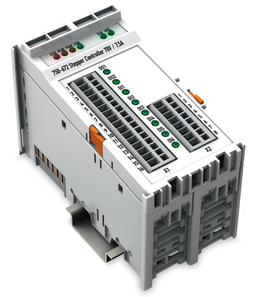 Ein graues elektronisches Modul zur Steuerung, mit nummerierten Anschlüssen und LED-Anzeigen auf der Oberseite, auf einer Metallhalterung.