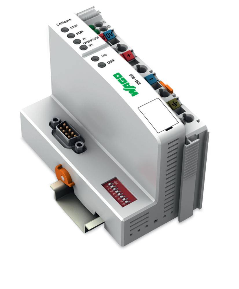 Industrieelektronikmodul mit mehreren Anschlüssen, LED-Anzeigen und einem DB9-Stecker, montiert auf einer Hutschiene.