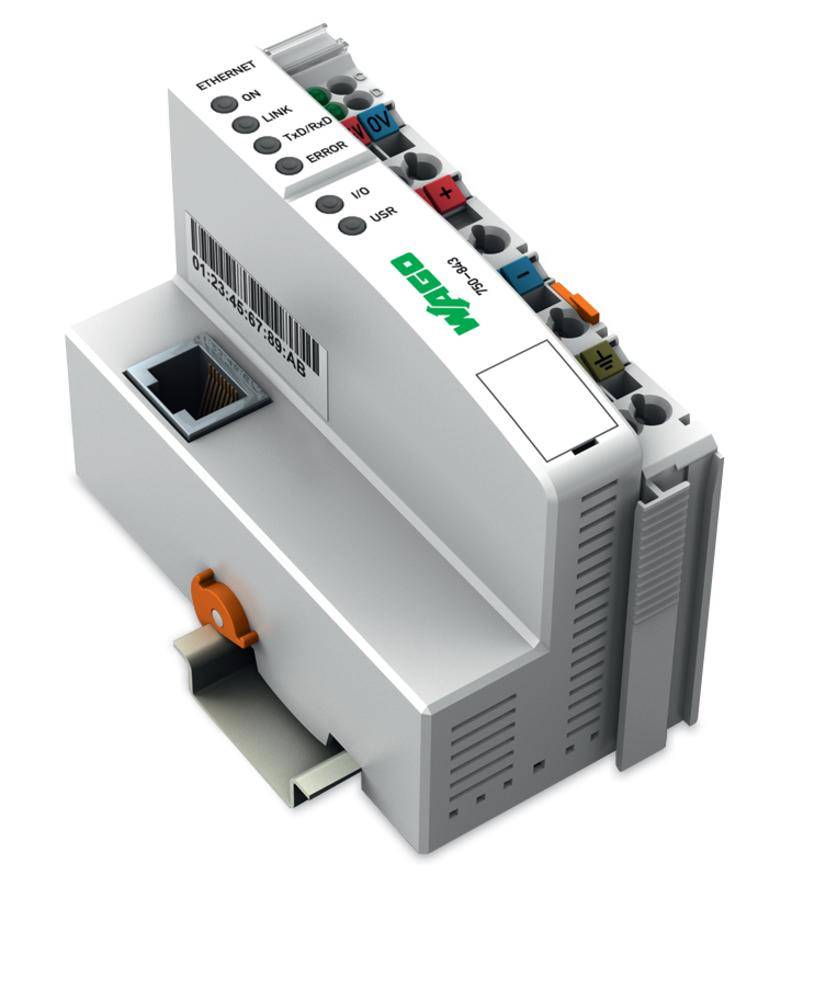Industrie-Ethernet-Modul in Weiß, mit mehreren farbcodierten Anschlüssen oben und einem Ethernet-Anschluss an der Seite.
