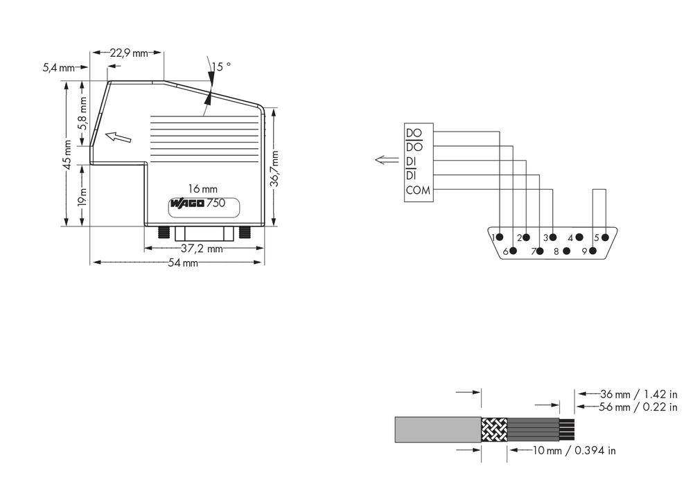 Technische Zeichnung eines elektronischen Bauteils mit Maßen und Beschriftungen. Links Maße eines Kastens, rechts Anschlussdiagramm.