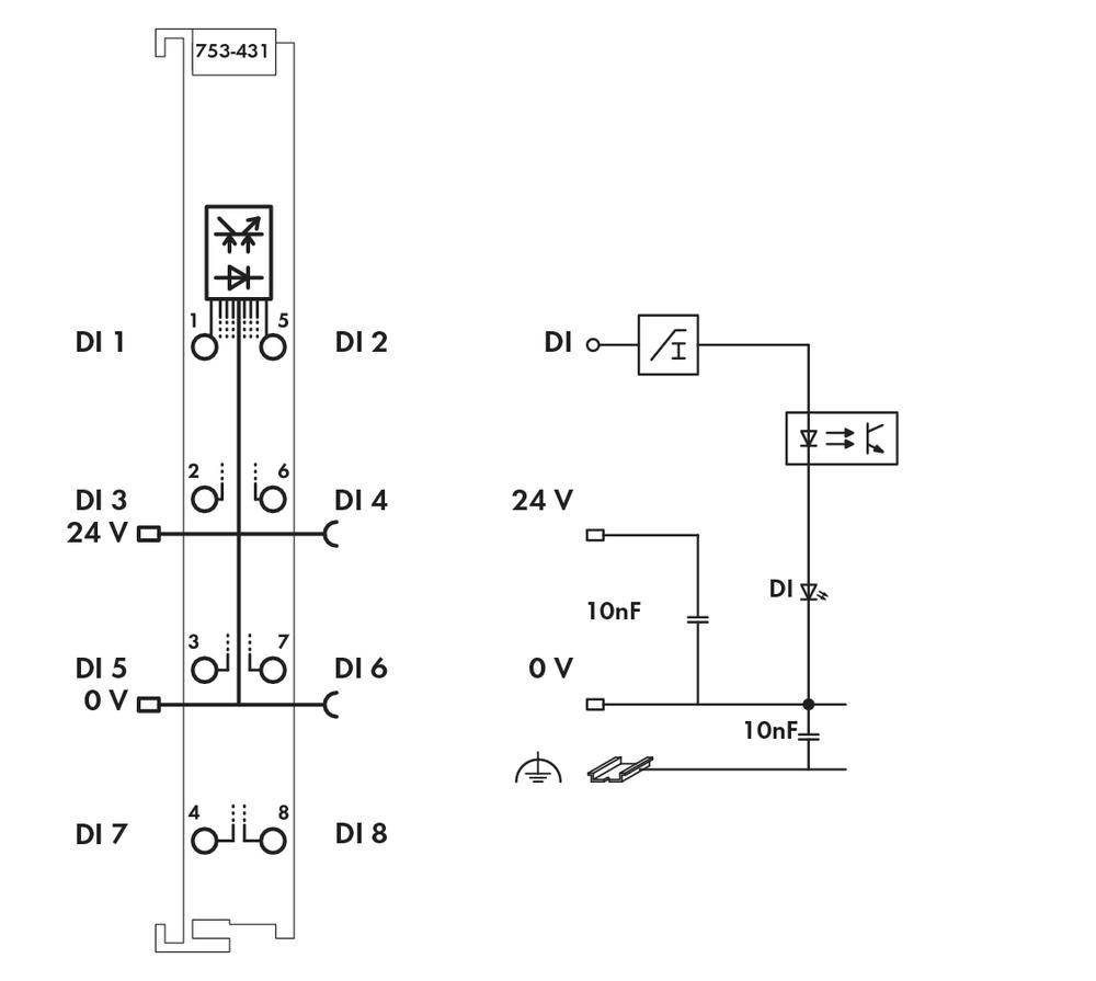 Diagramm mit Schaltkreis: ein digitaler Eingang mit acht Kanälen. Verbindungen zeigen Widerstände und Spannungspunkte.