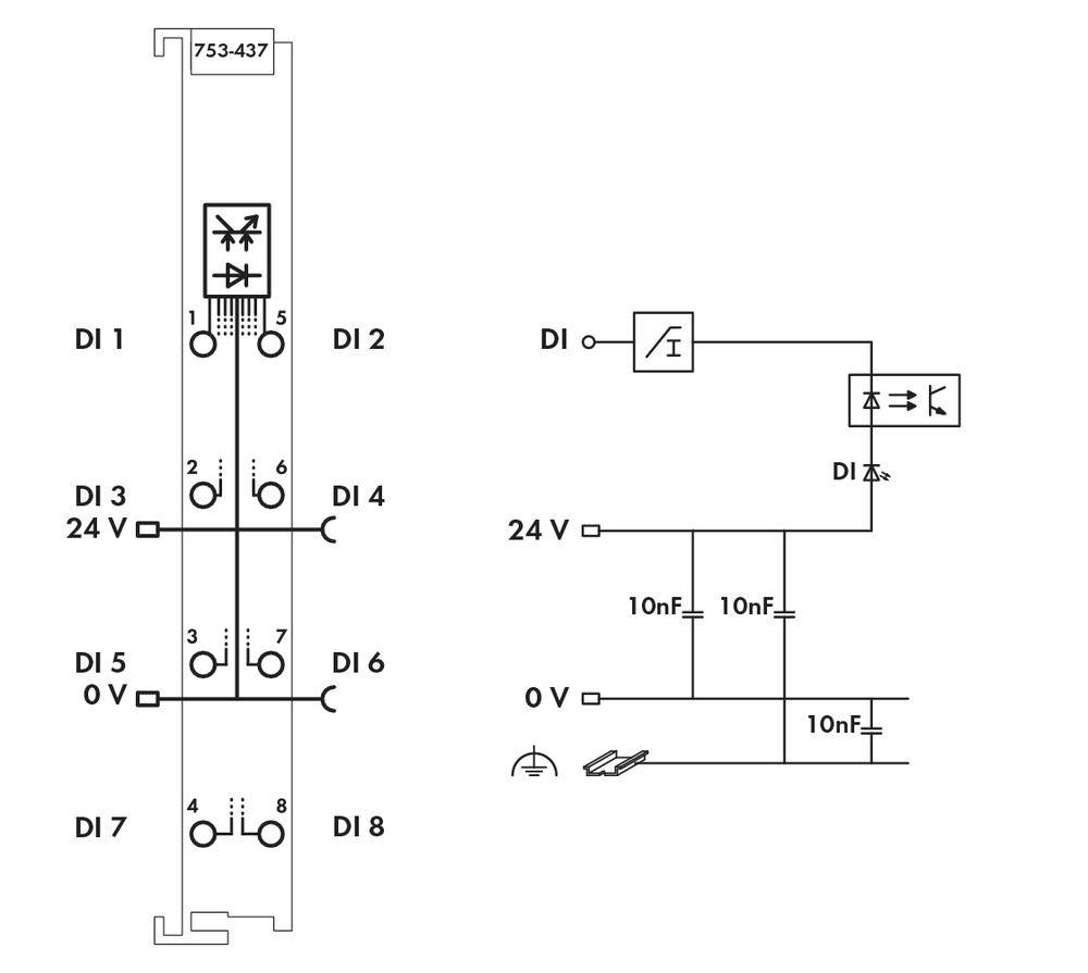 Schaltplan eines elektronischen Moduls mit numerierten Eingängen (DI 1-8), zwei Anschlüssen für 24 V und 0 V, sowie Kondensatoren (10nF).