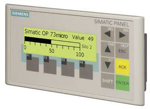 Ein Siemens SIMATIC Panel mit Anzeige 'Simatic OP 73micro Value 49 Silo 2' und Skala von 0 bis 100. Tasten F1 bis F4.