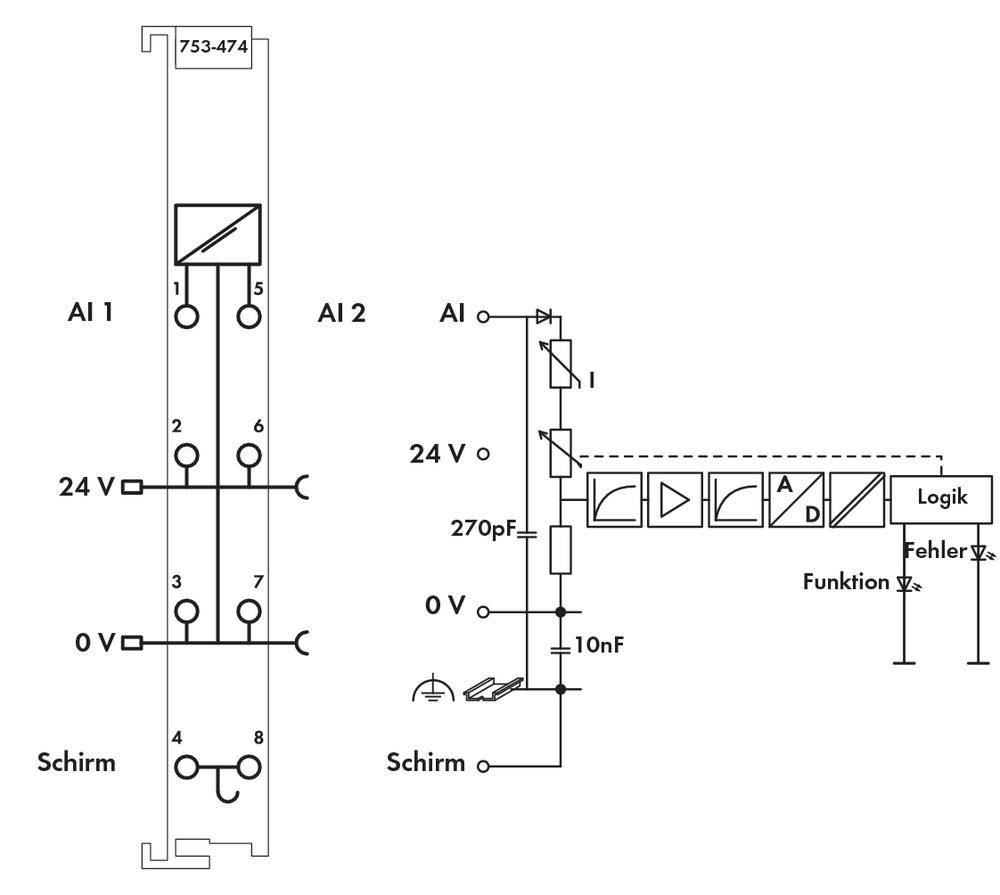 Schaltungsplan eines elektrischen Moduls mit Anschlüssen und Logiksteuerung. Zeigt Verdrahtungen und Komponenten für AI1 und AI2.