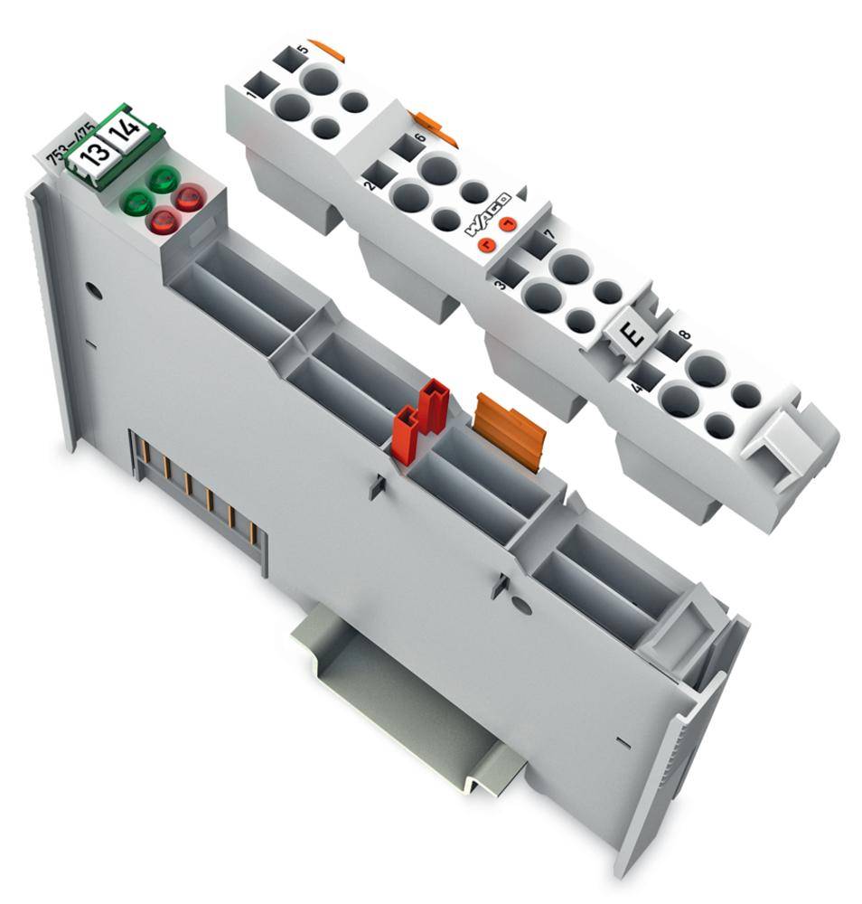 Elektrische Verbindungs- und Schaltklemme mit nummerierten Ports und Steckverbindungen, oft in Schalttafeln verwendet.