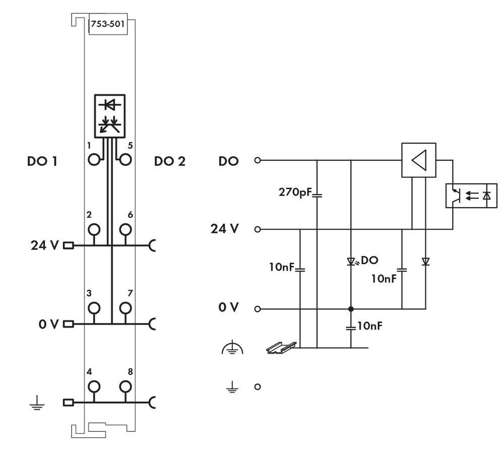 Schaltplan zeigt die Verdrahtung von DO1 und DO2 mit verschiedenen Bauteilen, einschließlich eines Transistors und Kondensatoren.
