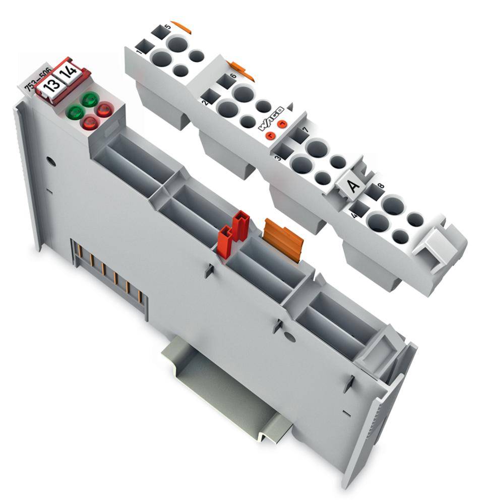 Elektrische Klemme mit Beschriftung. Sie zeigt nummerierte Anschlüsse und farbcodierte Verbindungen für elektrische Schaltungen.