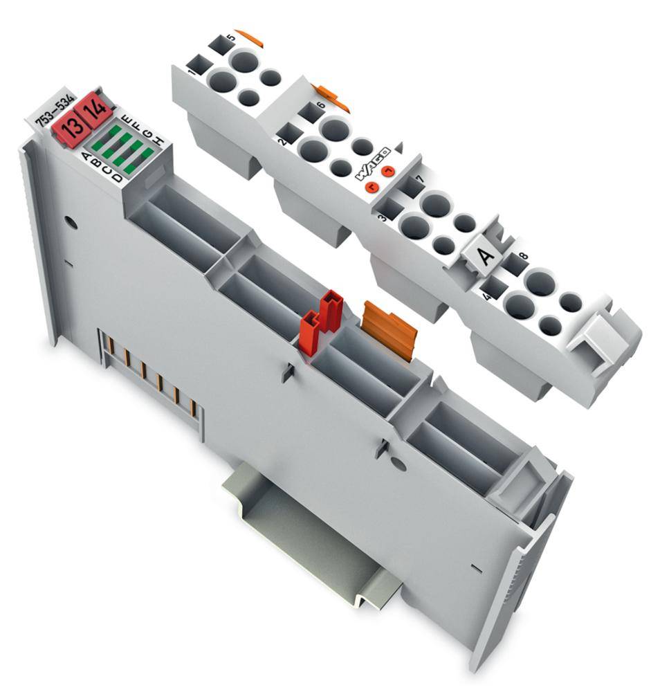 Elektronisches Modul mit mehreren Anschlussklemmen, farblich markiert für unterschiedliche Verbindungen; Ansicht von oben.