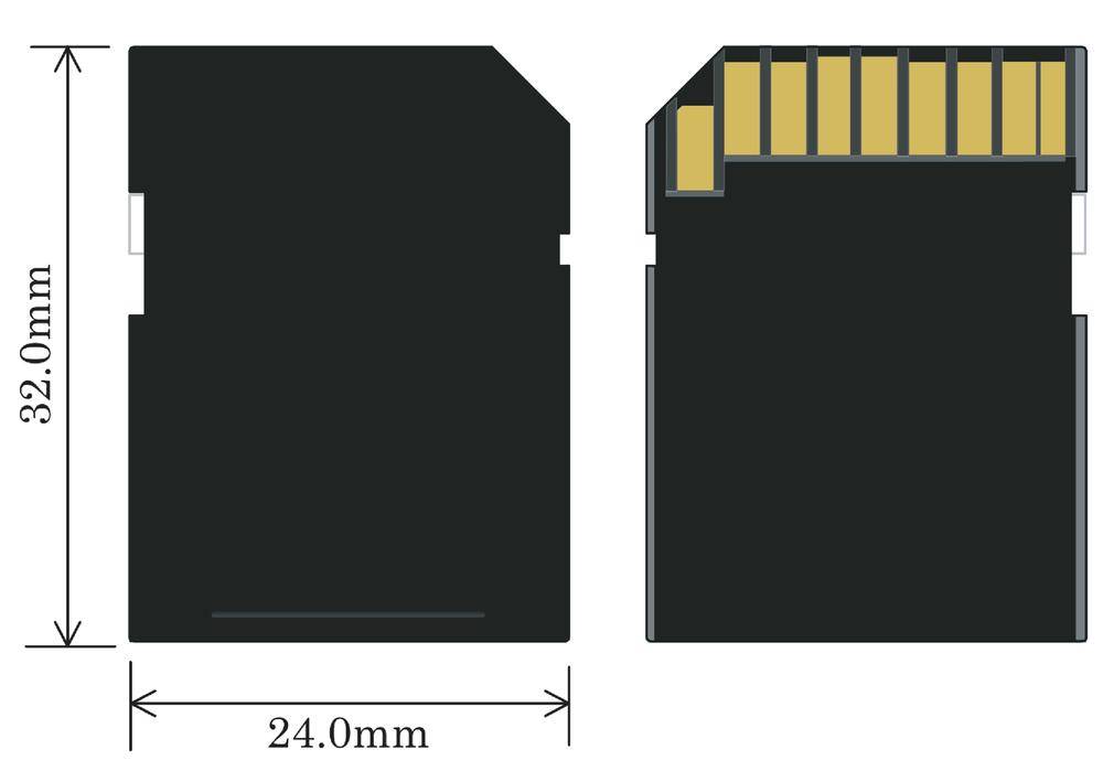 Abbildungen von SD-Karte, Vorder- und Rückseite gezeigt, mit Maßen: 32,0 mm Höhe und 24,0 mm Breite. Kontakte sichtbar.