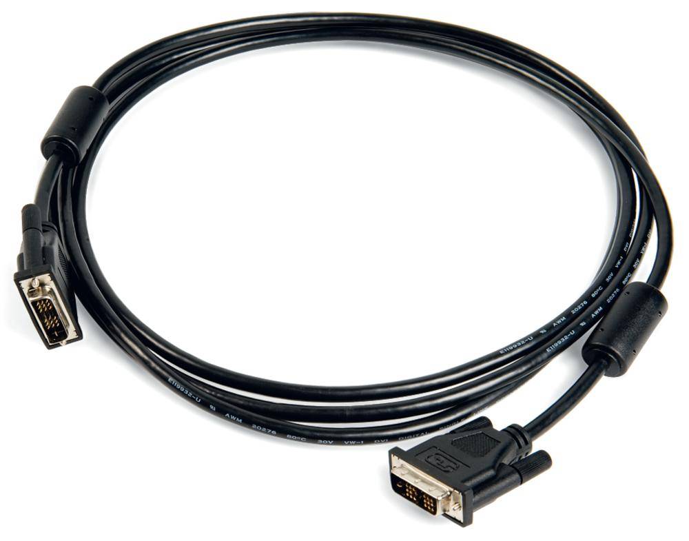 Schwarzes DVI-Kabel mit zwei Anschlüssen, geeignet für die Verbindung von Monitoren mit Computern, für digitale Bildübertragung.
