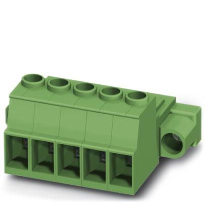 Grüner Steckverbinder mit fünf Anschlüssen für elektronische Verbindungen, geeignet für Leiterplattenmontage.