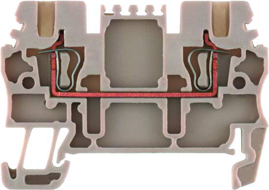 Querschnitt eines grauen, komplexen technologischen Bauteils mit vertikalen und horizontalen Auskerbungen und roten Metallteilen innen.