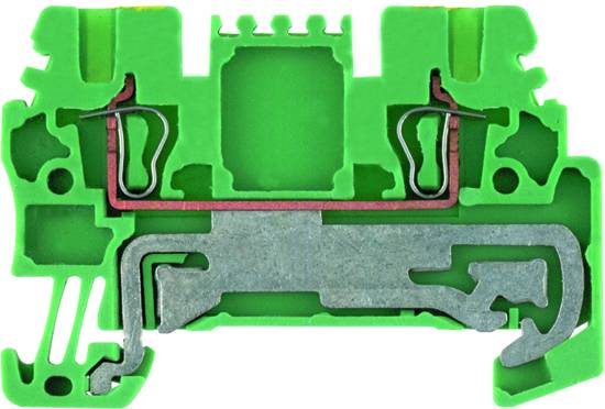 Querschnitt eines grünen Klemmenblocks mit sichtbaren Metallverbindungen zum elektrischen Anschluss.