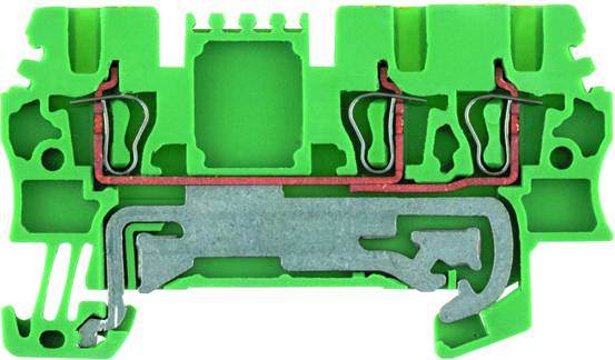 Querschnitt eines grünen elektrischen Klemmblocks mit Metallverbindungen und isolierten Kanälen zur Verdrahtung.