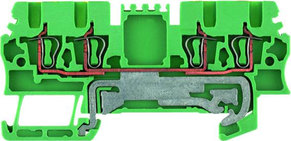 Querschnitt einer grünen elektrischen Klemme mit roten und grauen Bestandteilen zur Verdrahtung, zeigt interne Struktur.