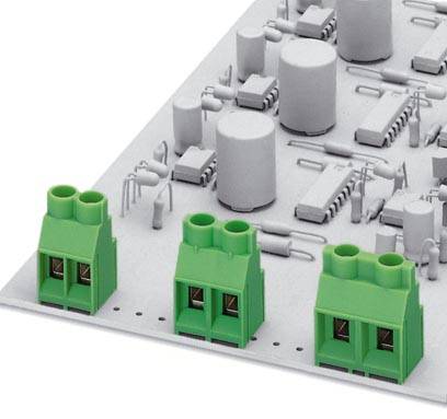 Grüne Steckklemmen auf einer grauen Leiterplatte, die Bauteile für elektronische Schaltungen enthält. Hauptkomponenten hervorgehoben.