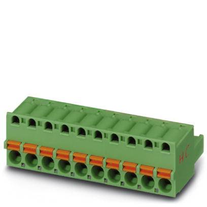 Grüner Klemmenblock mit mehreren Steckplätzen und orangen Verriegelungen.