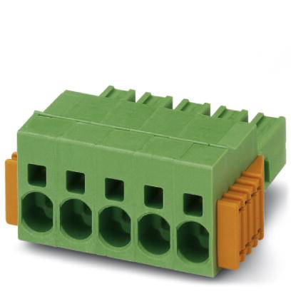 Grüner Steckerblock mit sechs Löchern und orangenen Befestigungselementen, zur Verbindung elektrischer Kabel geeignet.