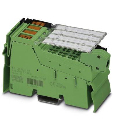 Grünes elektronisches Bauteil mit Klemmen und transparenten Abdeckungen, typisch für industrielle Steuerungssysteme.