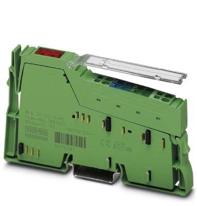 Ein grünes elektronisches Modul mit mehreren Steckanschlüssen und einem transparenten Abdeckungselement. Es hat technische Aufdrucke.