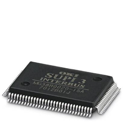 Ein schwarzer Mikrochip mit der Aufschrift 'OKI SUPI 3 INTERBUS M638R0020J15A'. Der Chip hat viele Anschlussbeine an den Seiten.