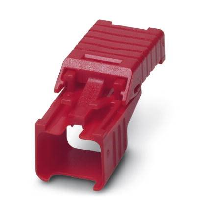 Ein roter Kunststoffverbinder mit rechteckiger Form, gerillter Oberfläche und offener Unterseite, geeignet für technische Anwendungen.