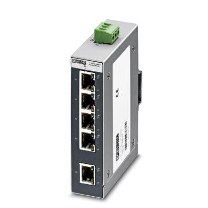 Ein Ethernet-Switch mit fünf Netzwerkanschlüssen in einem grauen Gehäuse. An der Oberseite befindet sich ein grüner Stromanschluss.