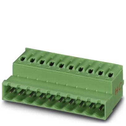 Grüner Steckverbinder mit mehreren Anschlusspunkten und Halterung, verwendet in elektronischen Schaltungen.