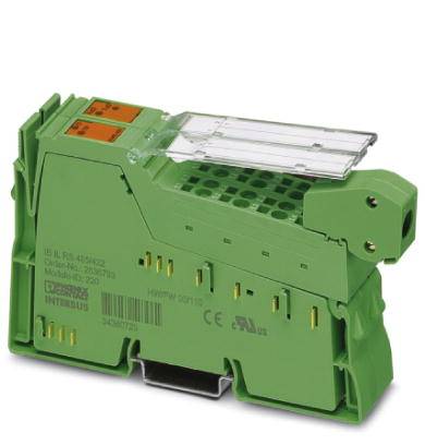 Grünes elektronisches Modul, rechteckig, mit Steckverbindungen und transparentem Abdeckungsdeckel. Es hat Prüf- und Zertifizierungsmarkierungen.
