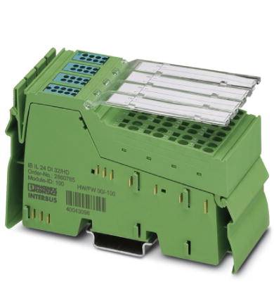 Grünes elektronisches Modul mit mehreren Steckern und Anschlussklemmen, verwendet für industrielle Steuerungsanwendungen.