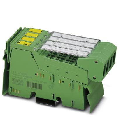 Ein grünes elektrisches Modul mit mehreren Anschlüssen und transparenten Abdeckungen. Es enthält gelbe und schwarze Markierungen.
