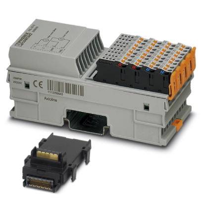 Industrieelektronik-Modul mit mehreren Anschlüssen und einem abnehmbaren Adapter, geeignet für Automatisierung und Steuerungssysteme.