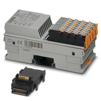 Ein elektronisches Bauteil mit mehreren Steckplätzen und Anschlüssen. Daneben liegt ein kleinerer Adapter mit goldenen Kontakten.
