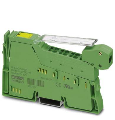 Ein grünes Elektronikmodul mit mehreren Anschlüssen und einer transparenten Abdeckung, möglicherweise ein Verbindungselement für industrielle Anwendungen.