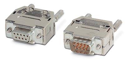 Zwei silberne D-Sub-Steckverbinder, einer mit Stecker- und einer mit Buchsenanschluss, beide mit Befestigungsschrauben.