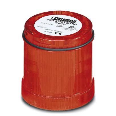 Roter LED-Signalaufsatz mit gerilltem Gehäuse, geeignet für industrielle Anwendungen. Herstellerinformationen oben sichtbar.