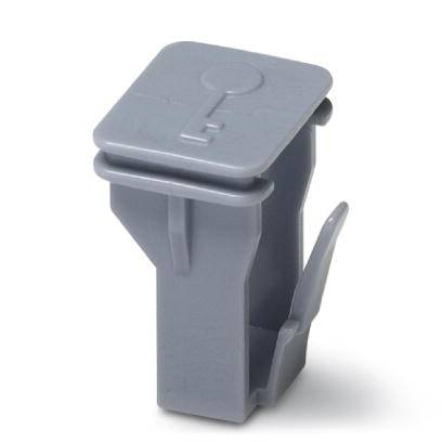 Graues Kunststoffteil mit rechteckiger Oberseite und seitlichem Clip. Es könnte ein Bauteil oder eine Halterung sein.