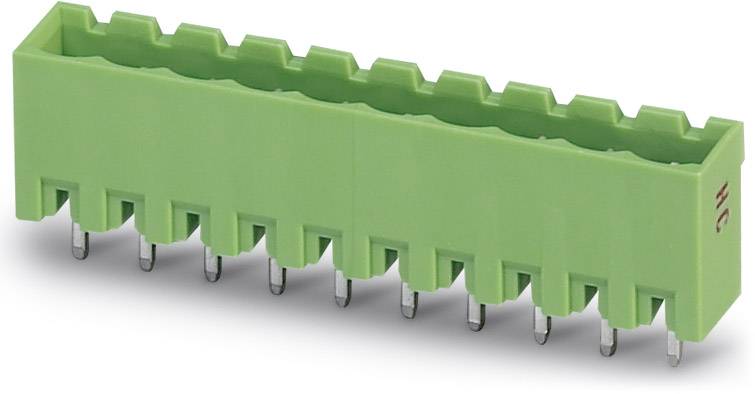 Grüner elektrischer Steckverbinder mit mehreren Metallpins, seitliche Ansicht. Geeignet für elektronische Anwendungen und Schaltungen.