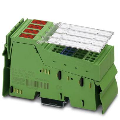 Grünes elektrisches Gerät mit roten und transparenten Abdeckungen, wahrscheinlich ein Teil einer Steuerungseinheit oder Schaltelektronik.