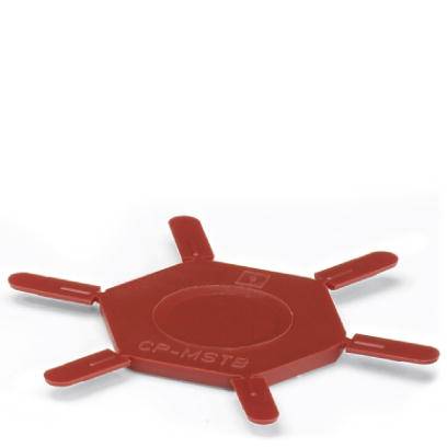 Ein rotes, sechseckiges Kunststoffwerkzeug mit fünf ausklappbaren Armen, gekennzeichnet mit 'CP-MST8'.