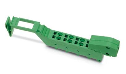 Grünes mechanisches Bauteil mit mehreren Löchern und einer klappbaren Struktur, vermutlich Teil eines elektrischen Anschlusses.