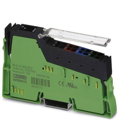 Ein rechteckiger, grüner elektronischer Schaltkreis mit schwarzem Deckel und bunten Anschlüssen, beschriftet mit technischen Daten.