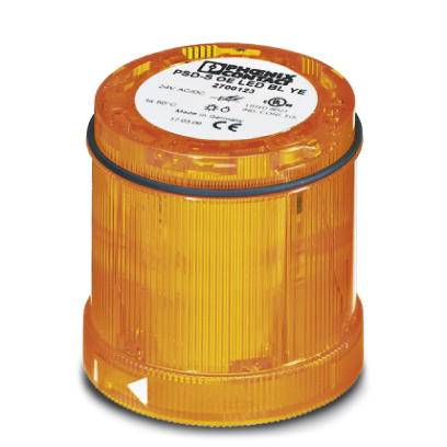 Ein gelbes, zylinderförmiges Warnlicht-Modul mit durchsichtigen Rippen und einem weißen Etikett mit Produktinformationen oben.