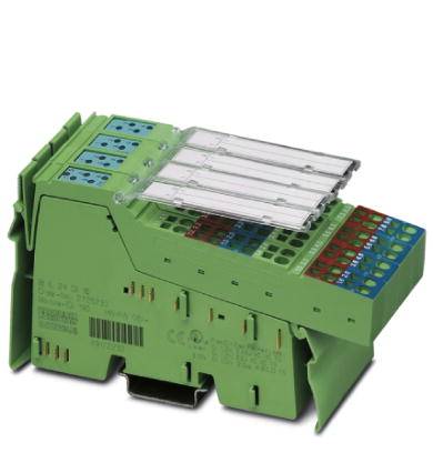 Ein elektronisches Modul mit grüner Basis und farbigen Anschlussklemmen, das für die Montage auf einer Hutschiene geeignet ist.