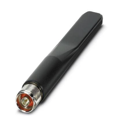 Eine schwarze Antenne mit silbernem Anschluss. Sie sieht aus wie eine für drahtlose Kommunikationsgeräte.