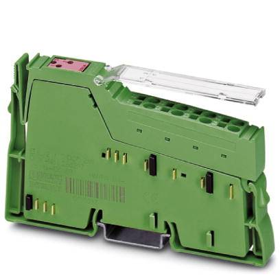 Grünes elektronisches Gerät mit mehreren Anschlüssen und einem transparenten Hebel, vermutlich ein Modul für industrielle Anwendungen.