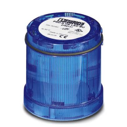 Blauer LED-Leuchtmelder im zylinderförmigen Gehäuse, auf dessen Oberseite technische Spezifikationen und der Markenname abgebildet sind.